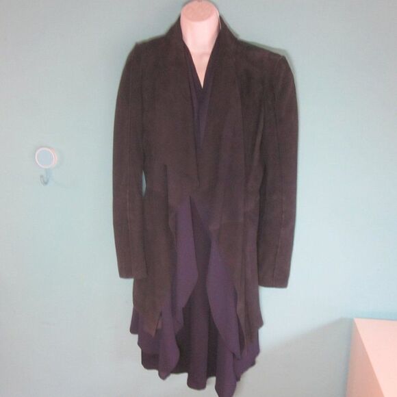 BCBG Womens Size S Navy Blue Leather Coat Draped Layered Waterfall Front Jacket - Picture 12 of 16